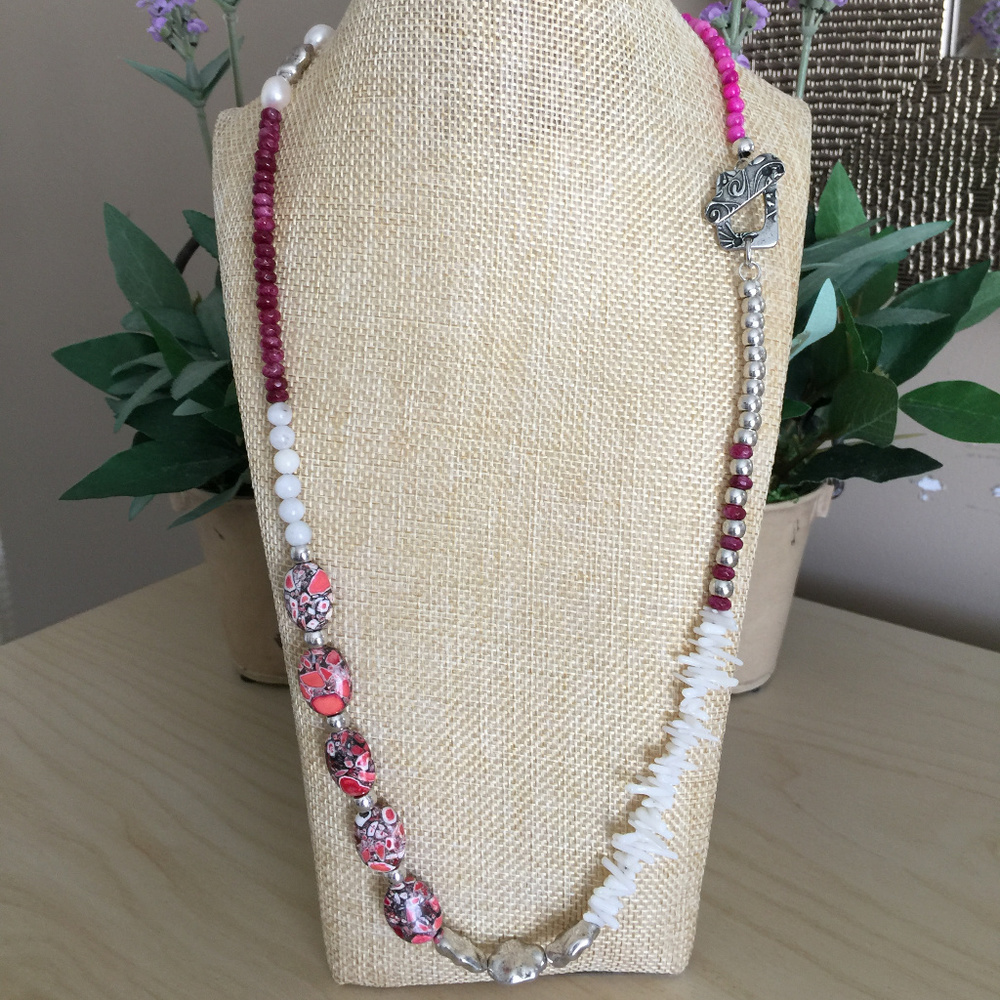 Pink & White Beaded Gemstone Toggle Necklace